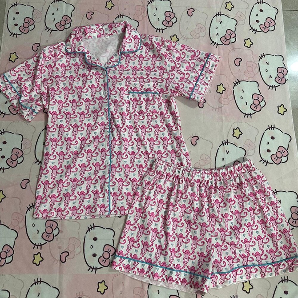 Roller Rabbit Pink Monkey And Green Heart Pajama Set